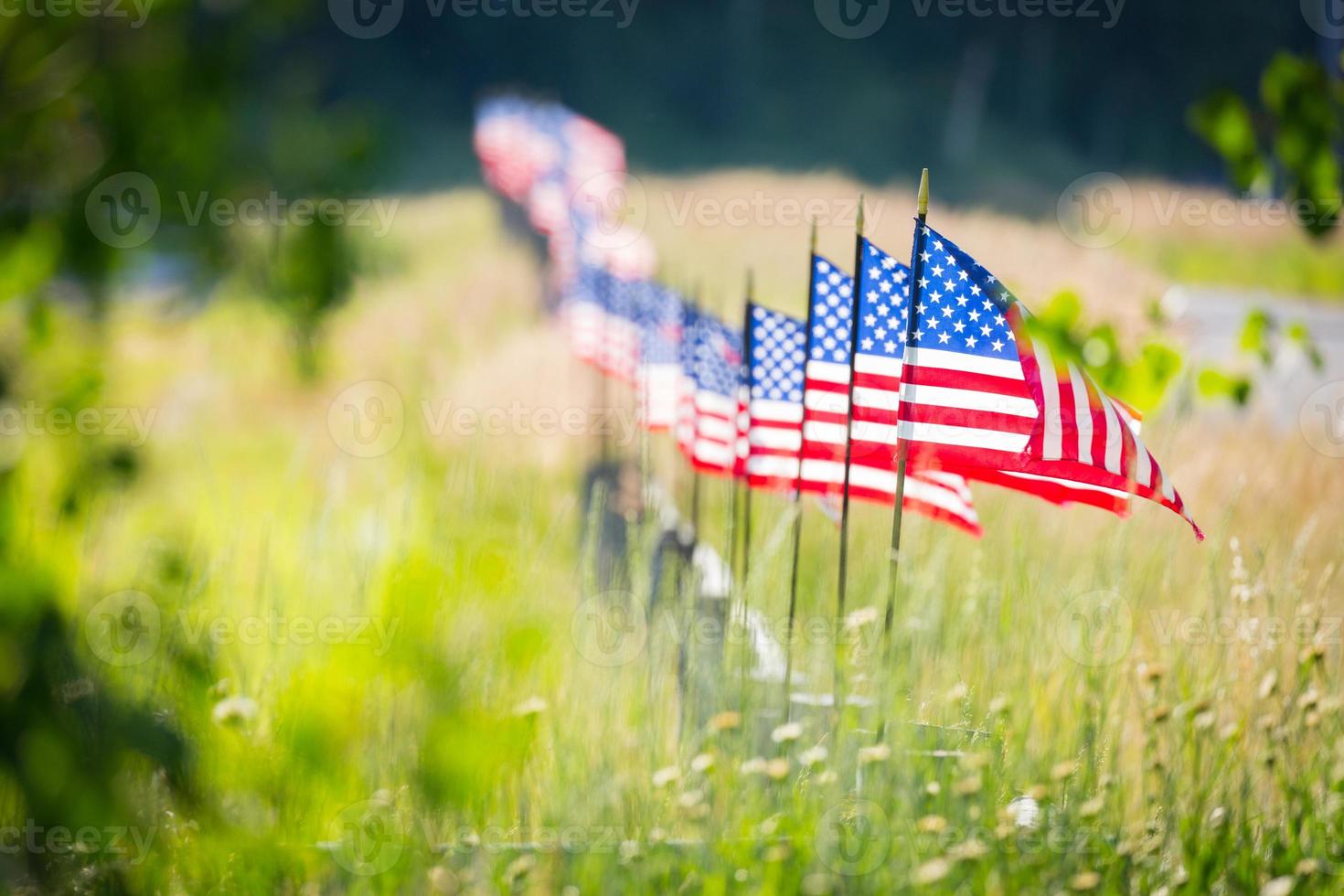 Row of American Flags  Waving in the Wind Along A Fence. photo
