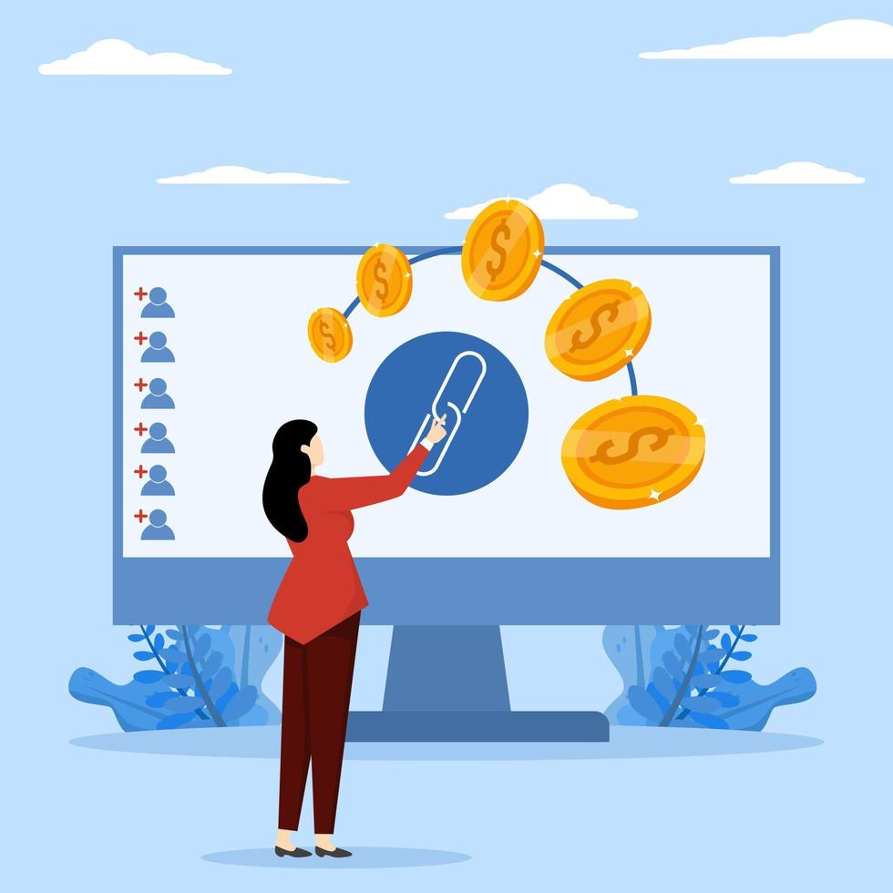 hierarchical financial system or structure, money profit chain, company affiliation. woman pointing at dollar coin diagram. Affiliate marketing concept, Modern flat colorful vector illustration.