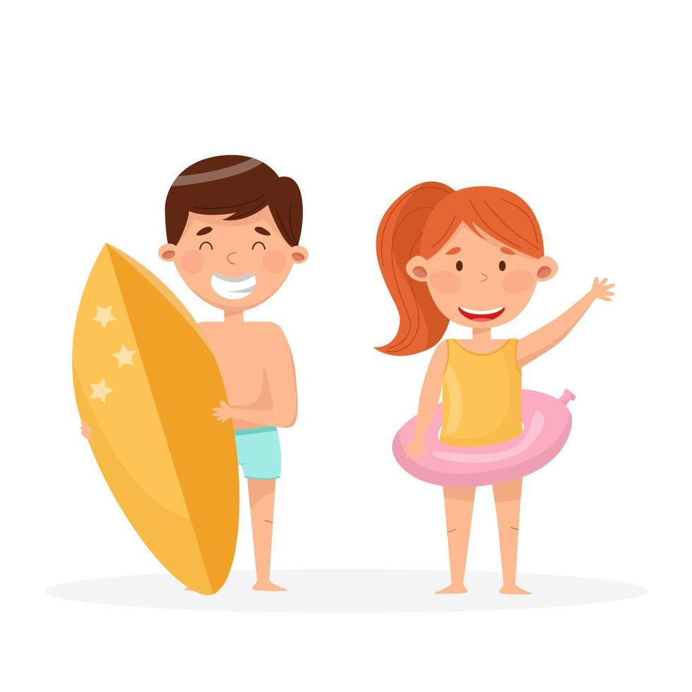 niña y chico gasto bueno verano tiempo, tabla de surf y caucho anillo vector