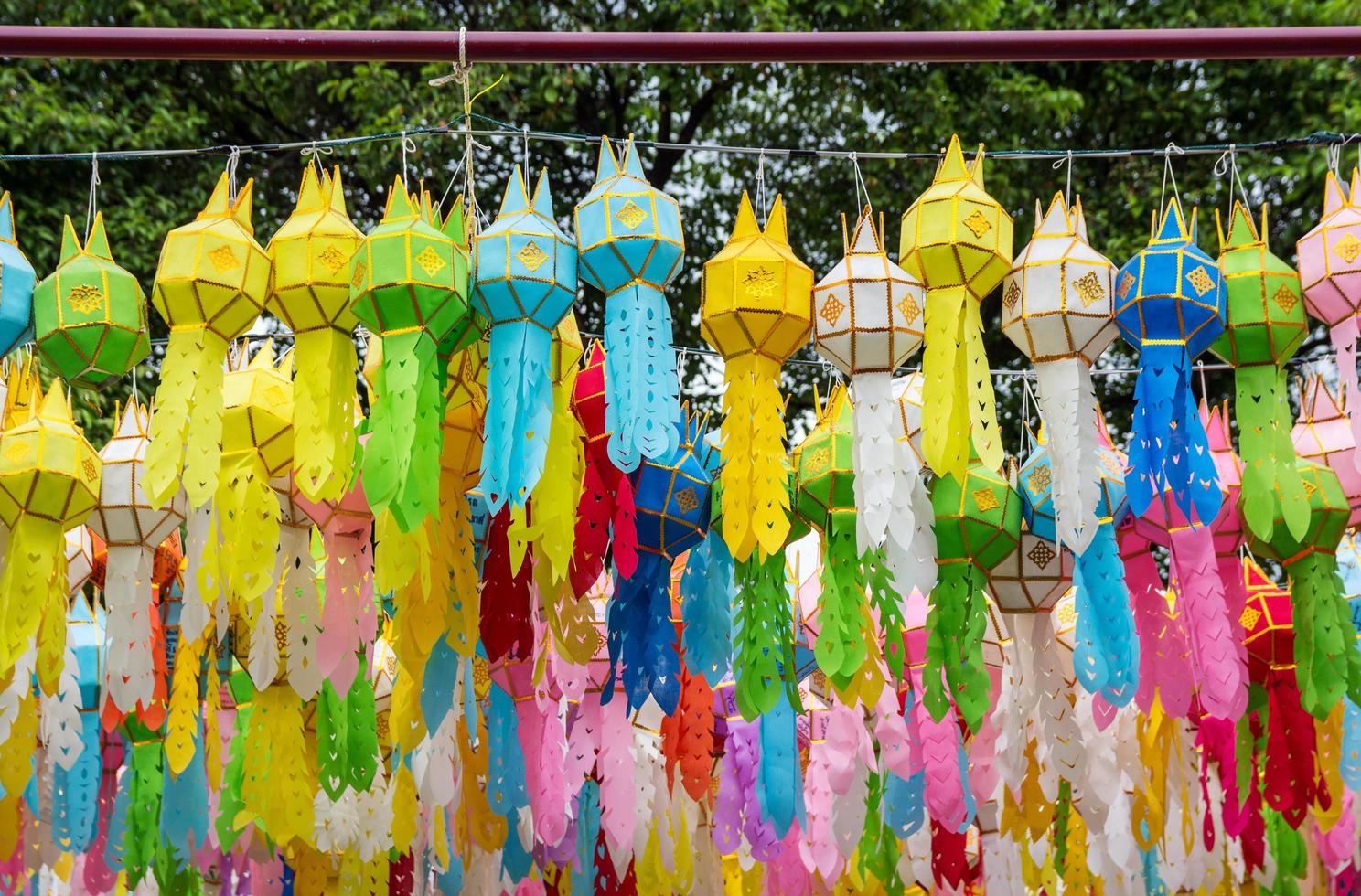 colorful hanging lanterns lighting in loy krathong festival at northern of thailand photo