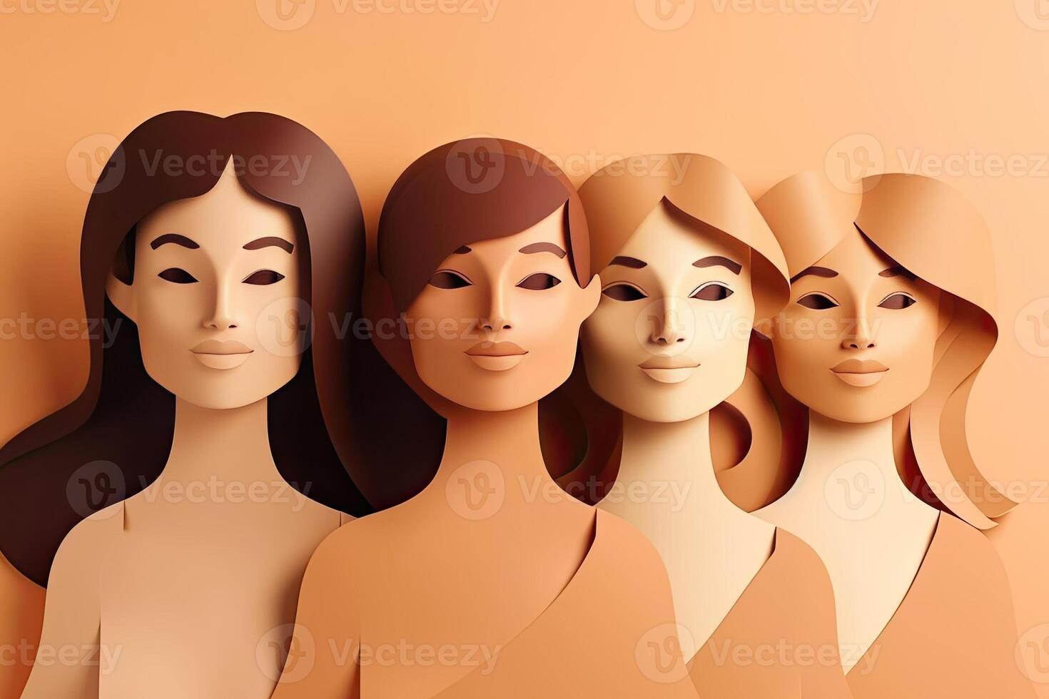 Multiracial women standing together and smiling at camera, paper art. Portrait of interracial female models. Diversity concept. Created with photo