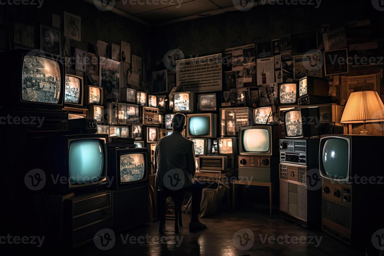 People watching a lot of retro televisions. Propaganda and fake news concept. Politicians manipulate society with help of public television. Created with photo