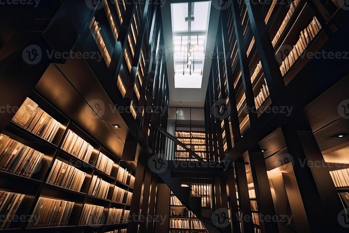interior de biblioteca con muchos estantería. filas de armarios con antiguo libros en biblioteca. conocimiento y educación. creado con generativo ai foto