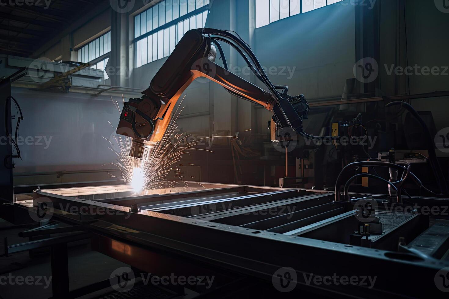 Robotic arm works on welding. Conveyor line at factory. Automatic welding. Created with photo