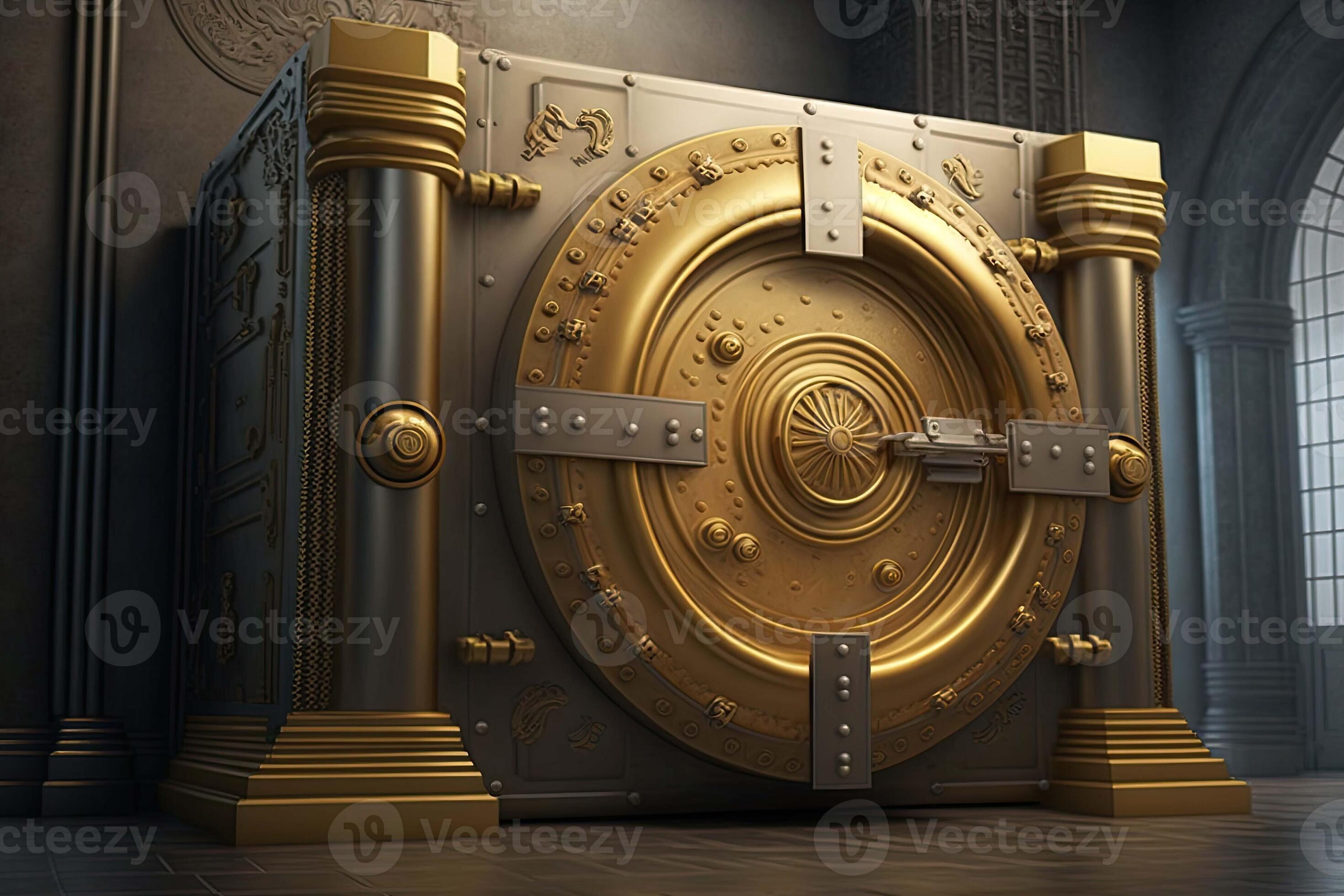 Decorated bank safe door. Bank vault for saving money and precious