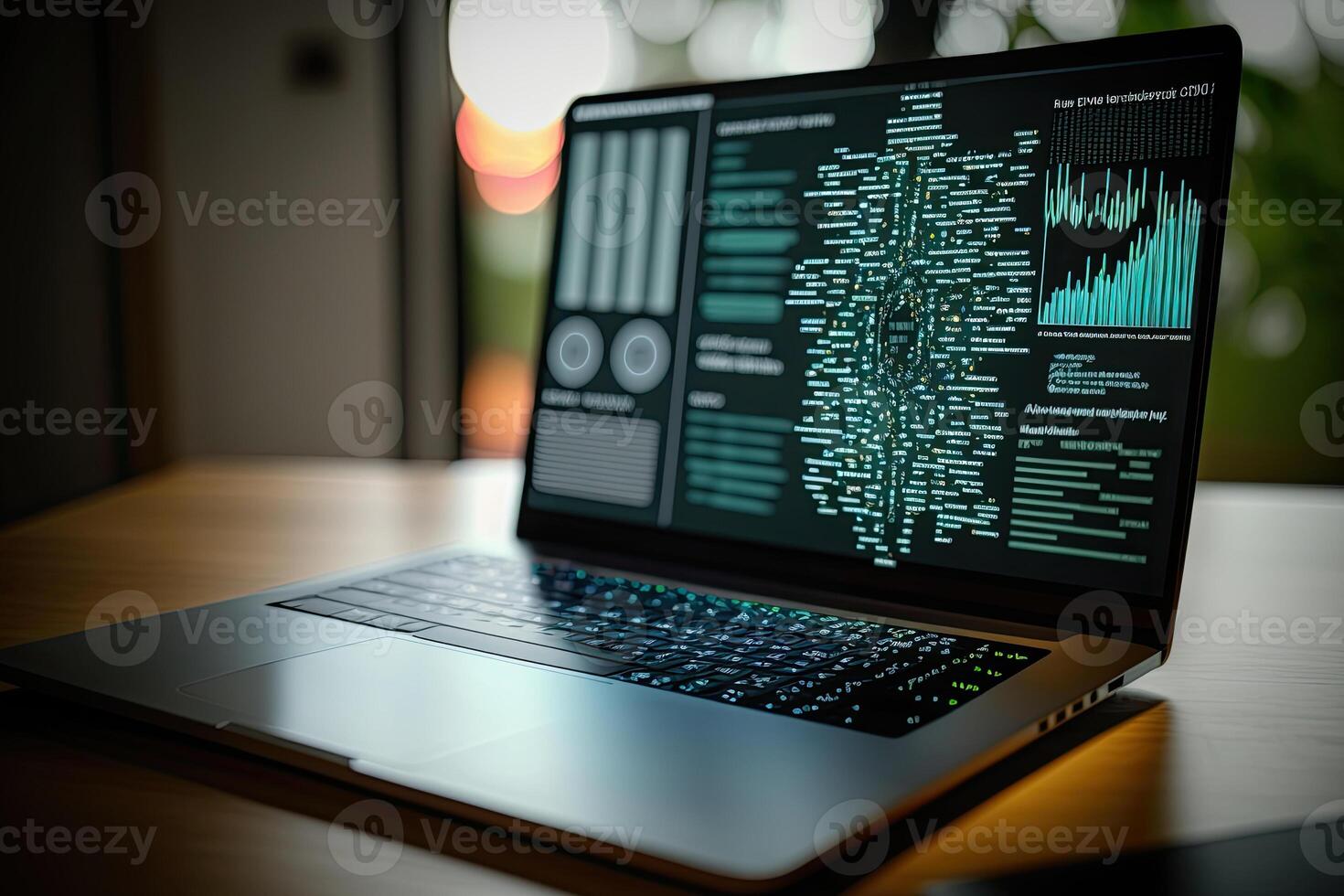 Digital data and network connection on laptop screen. Big data analysis. Network information and data protection concept. Created with photo