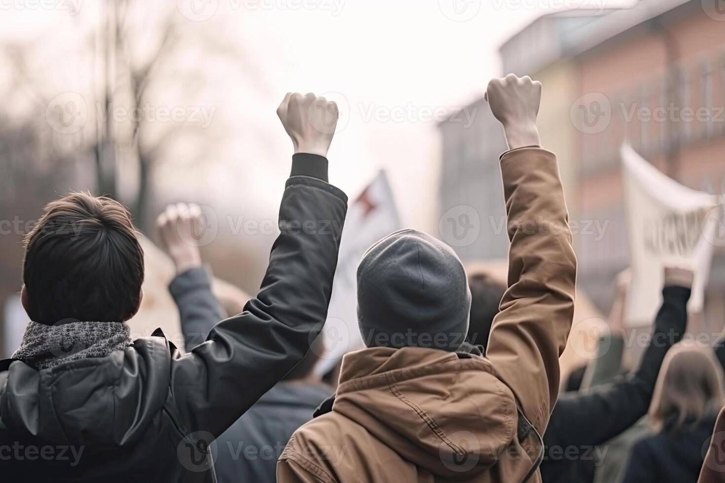 espalda ver de agresivo personas protestando a ciudad calle. protesta activistas multitud con levantamiento puños enojado personas hacer revolución. creado con generativo ai foto