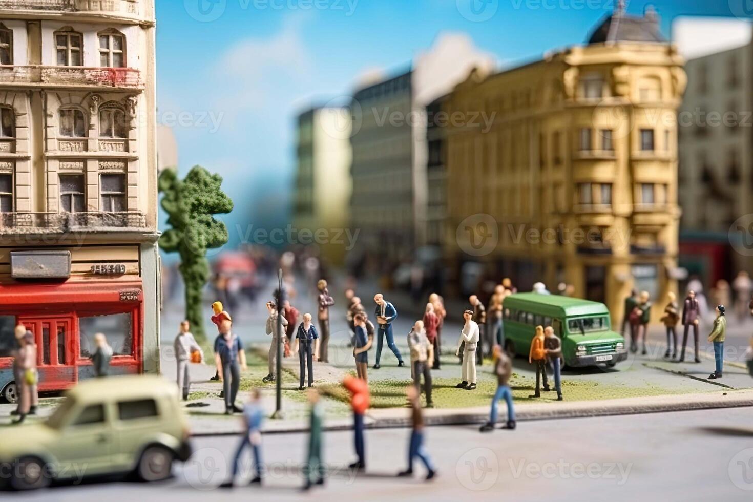 City life with living building facades and people walking at street, aerial view. Urban infrastructure. Model of city street in miniature, tilt shift. Created with photo