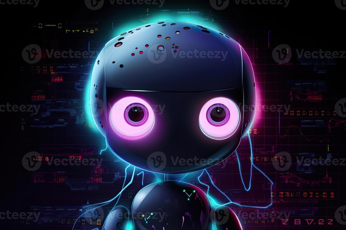 Visualization of robot assistant or chat bot on web site. Cute robot with big eyes on dark background. Created with photo