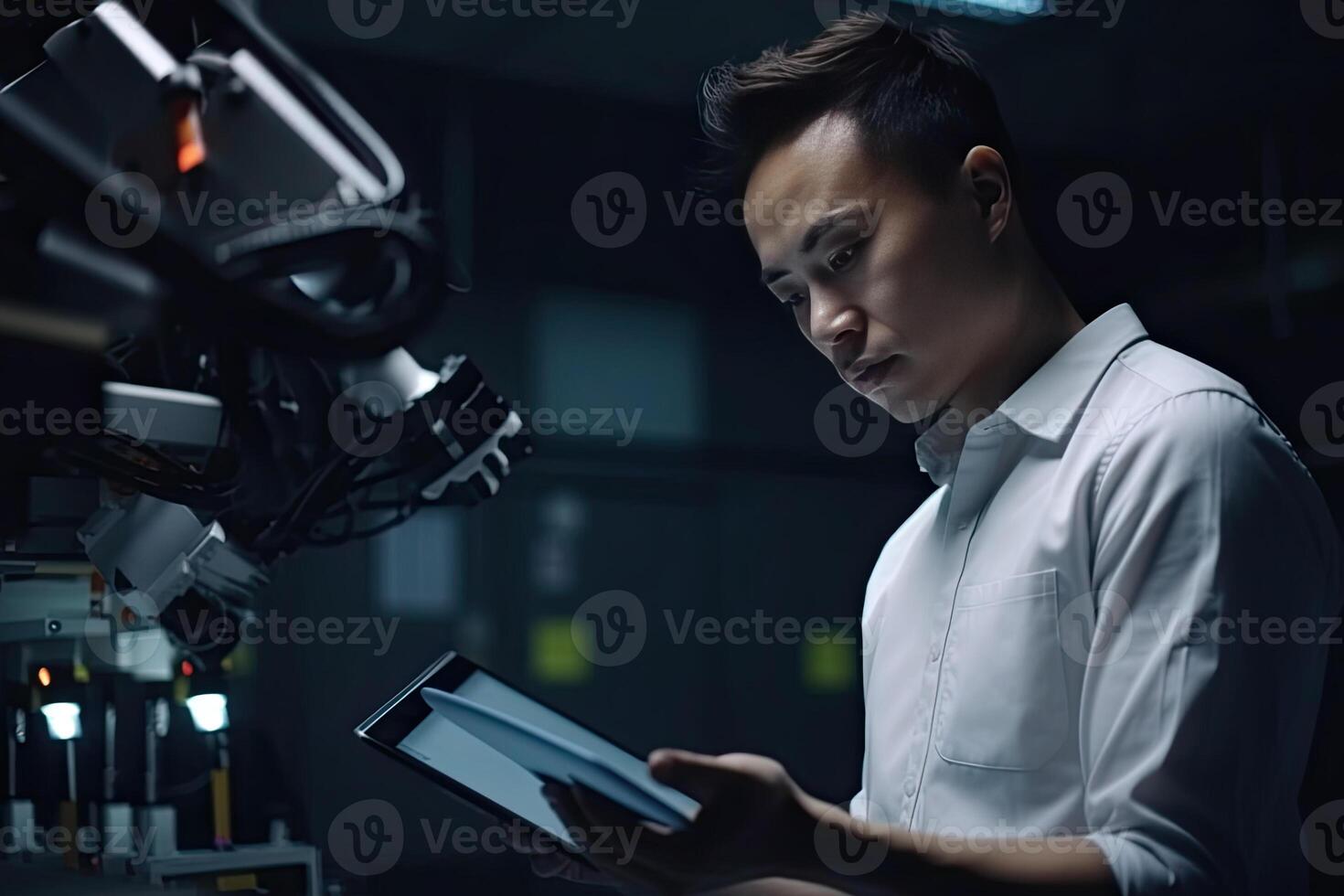 Engineer with tablet computer at factory workplace. Industrial worker controls operation of robotic production line. Created with photo