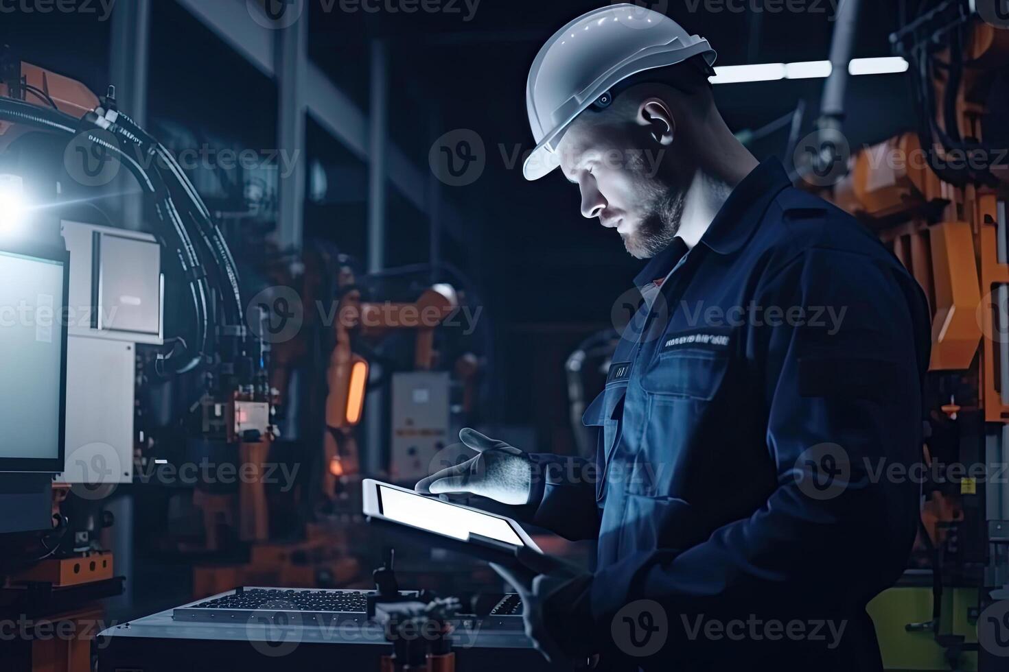 Engineer with tablet computer at factory workplace. Industrial worker controls operation of robotic production line. Created with photo