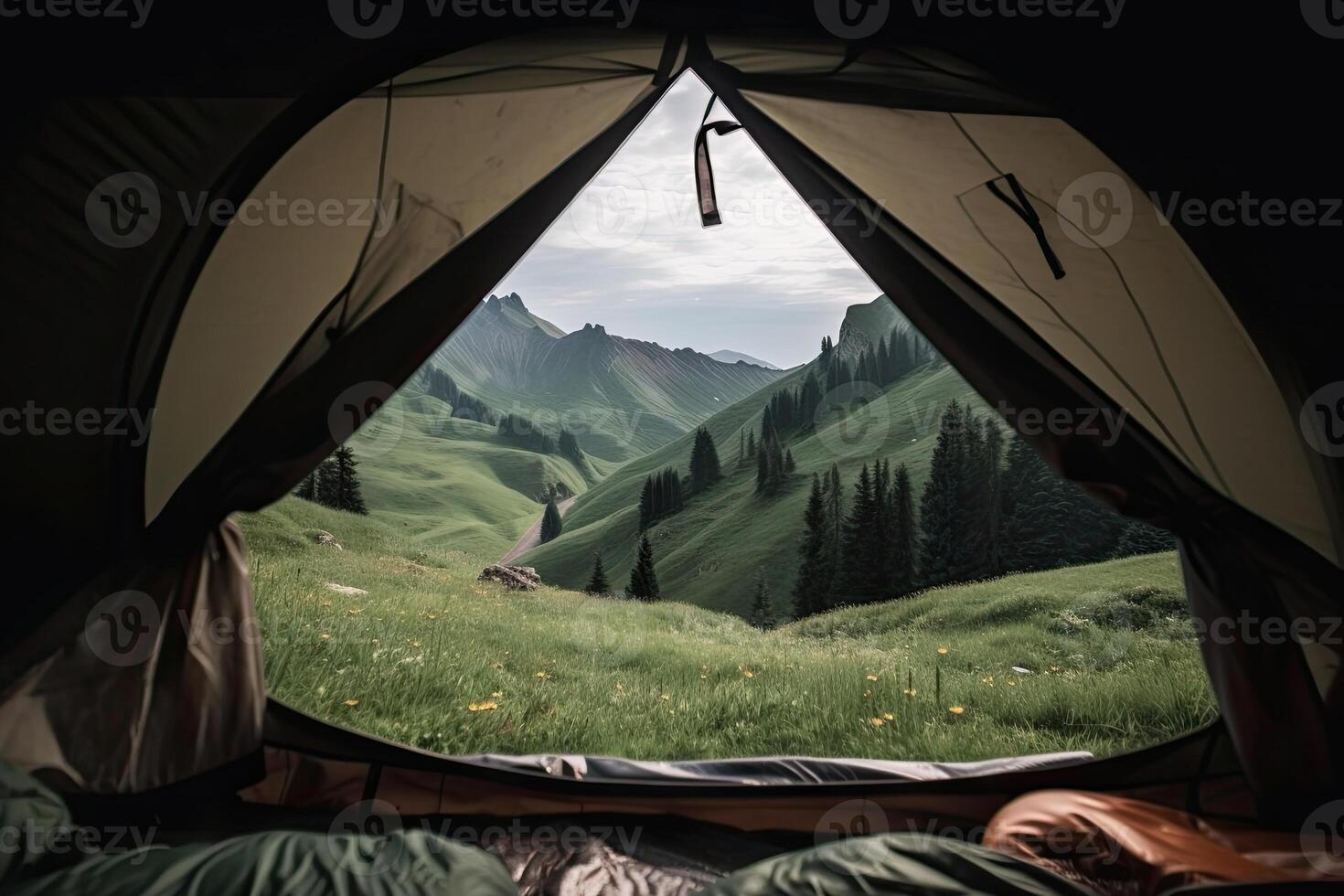 Amazing view from inside tent to mountain landscape. Camping during hike in mountains, outdoor activities. Created with photo