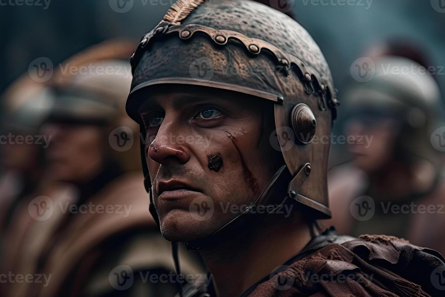 Portrait of roman soldier. Ancient warrior in battle. Created with photo