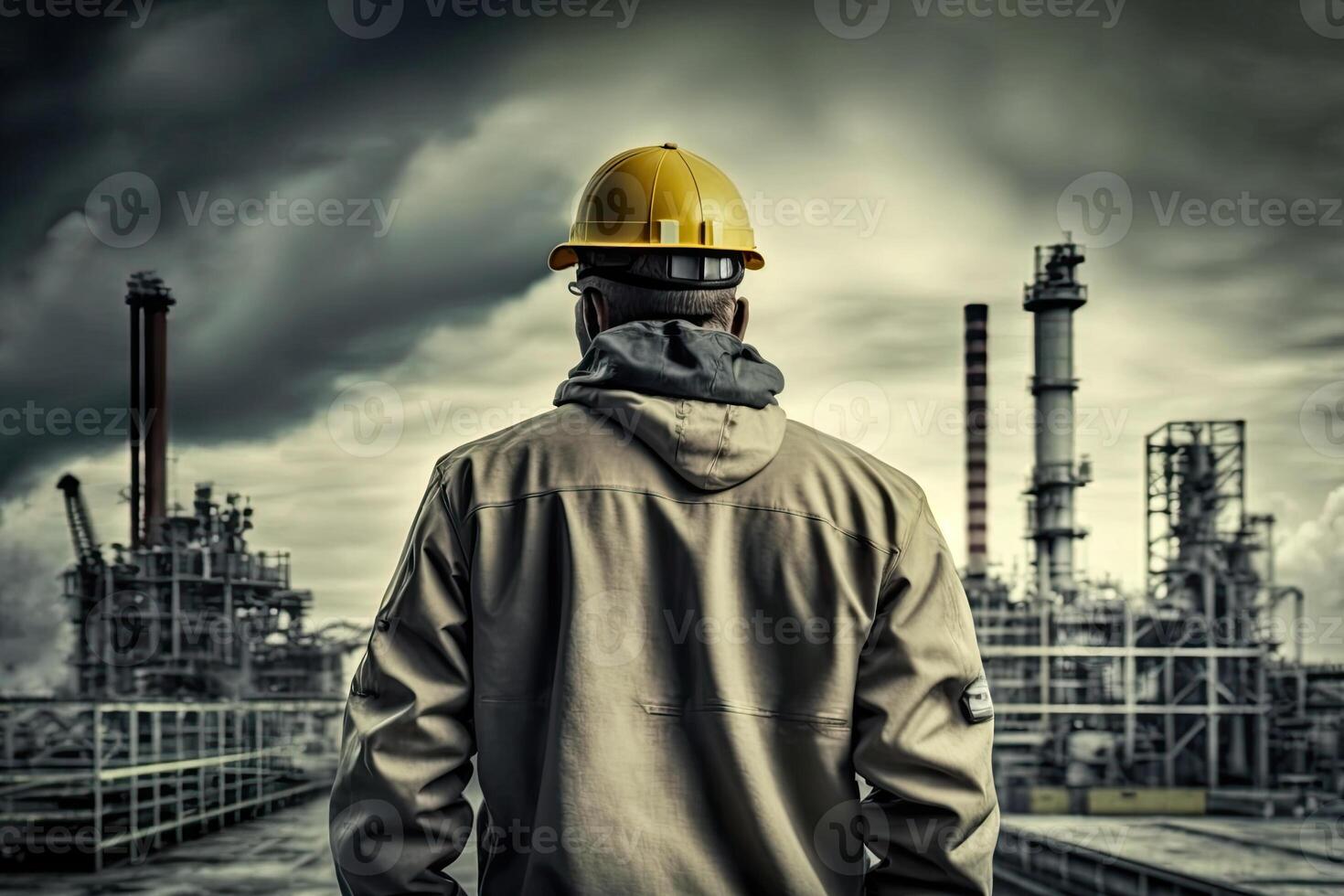 Back view of industrial worker wearing protective uniform and safety helmet standing near heavy industry factory. Created with photo