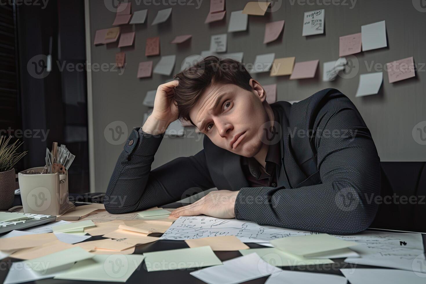 Tired office worker sitting at workplace.Exhausted man working with documents. Created with photo