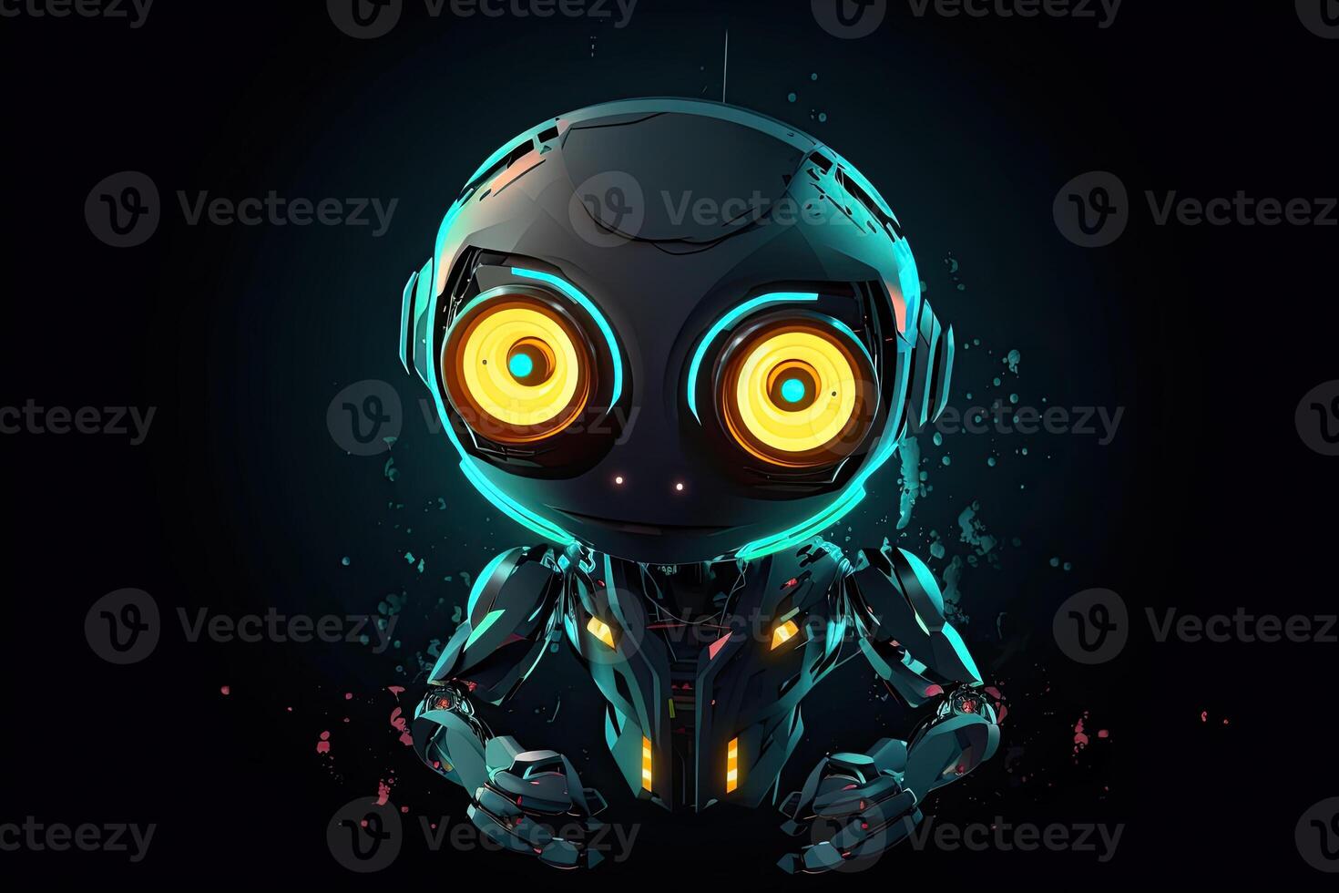Visualization of robot assistant or chat bot on web site. Cute robot with big eyes on dark background. Created with photo