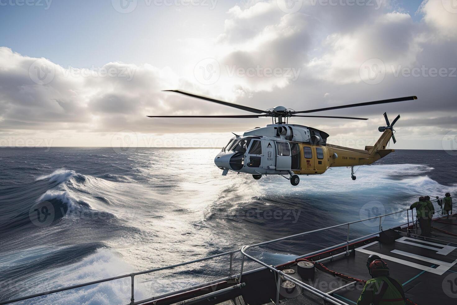 Search and rescue operation in sea. Emergency rescue helicopter flies over sea surface, looking for victims after crash. Created with photo