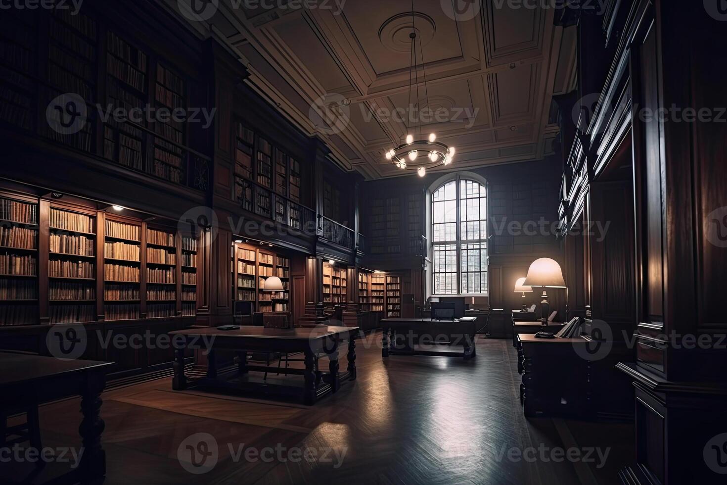 Interior of library with many bookshelves. Rows of cabinets with old books in library. Knowledge and education. Created with photo