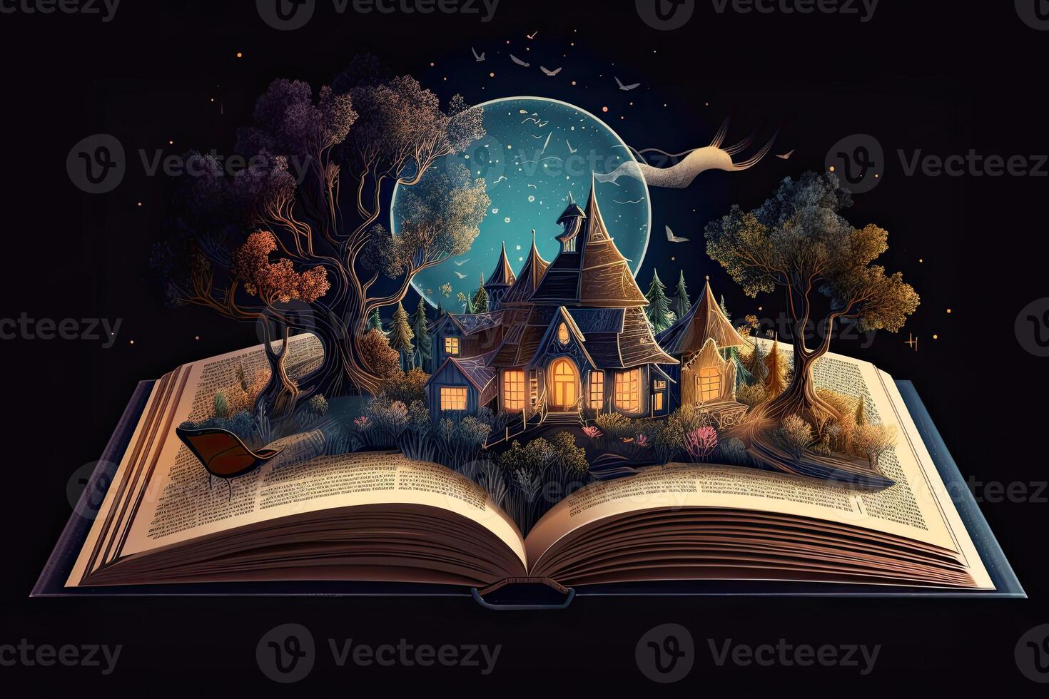 Open magical book with fantasy landscape over pages. Created with photo