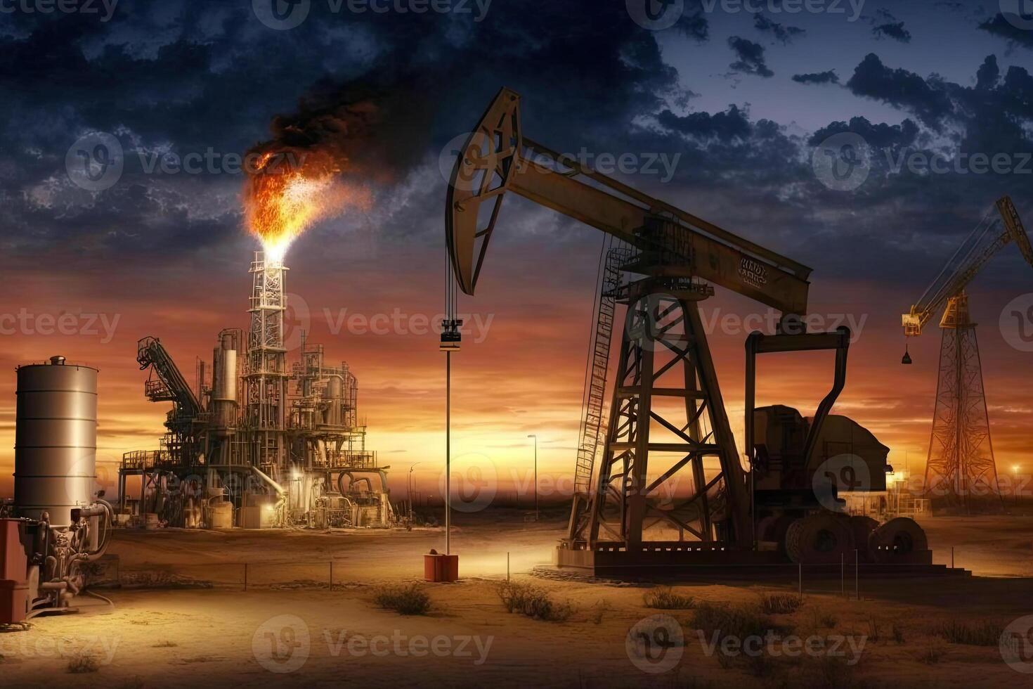 Pump oils drilling derricks in desert. Energy crisis in world concept. Oil production and fossil resources. Created with photo