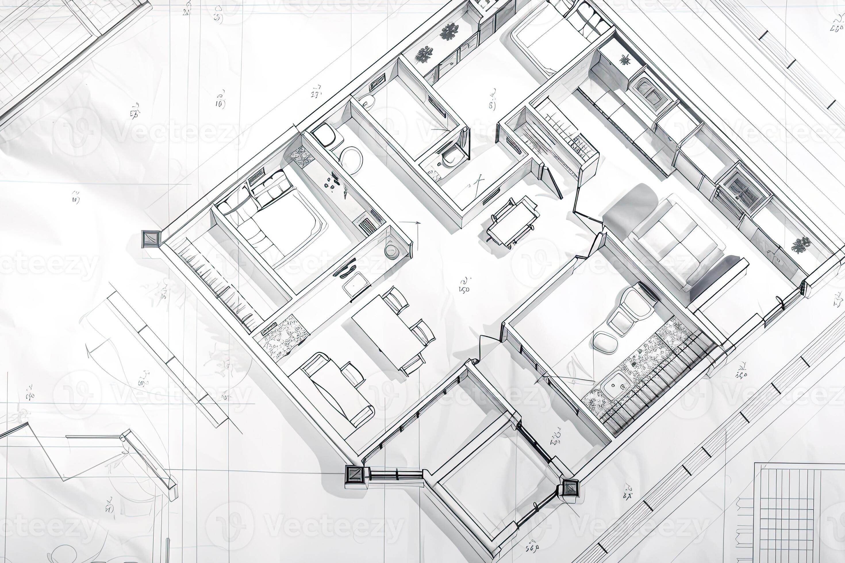 Architectural plan on white paper. Technical project of living room. Drawing  for construction. Created with Generative AI 21982127 Stock Photo at  Vecteezy