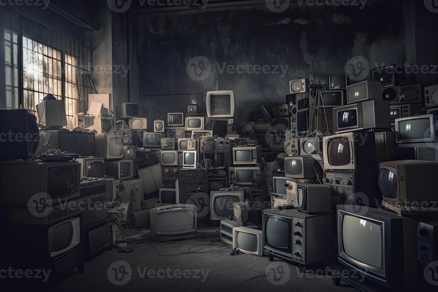 People watching a lot of retro televisions. Propaganda and fake news concept. Politicians manipulate society with help of public television. Created with photo