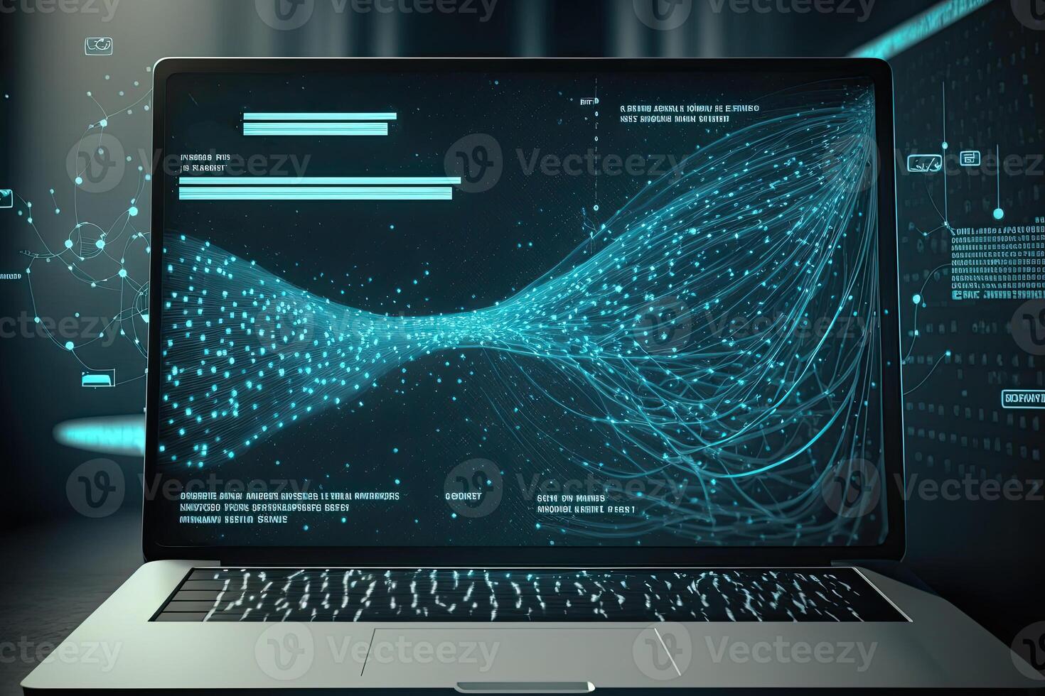 Digital data and network connection on laptop screen. Big data analysis. Network information and data protection concept. Created with photo