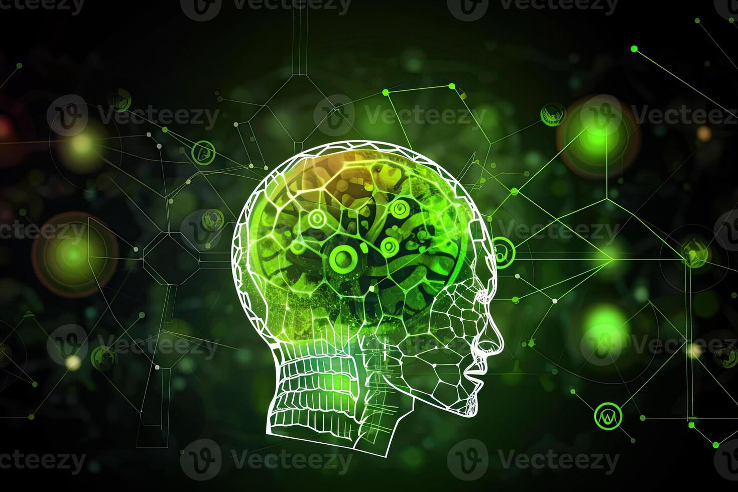 Visualizatipon of human consciousness in artificial intelligence, process of thinking robot. Humanoid android on dark background with neurals connection. Created with photo