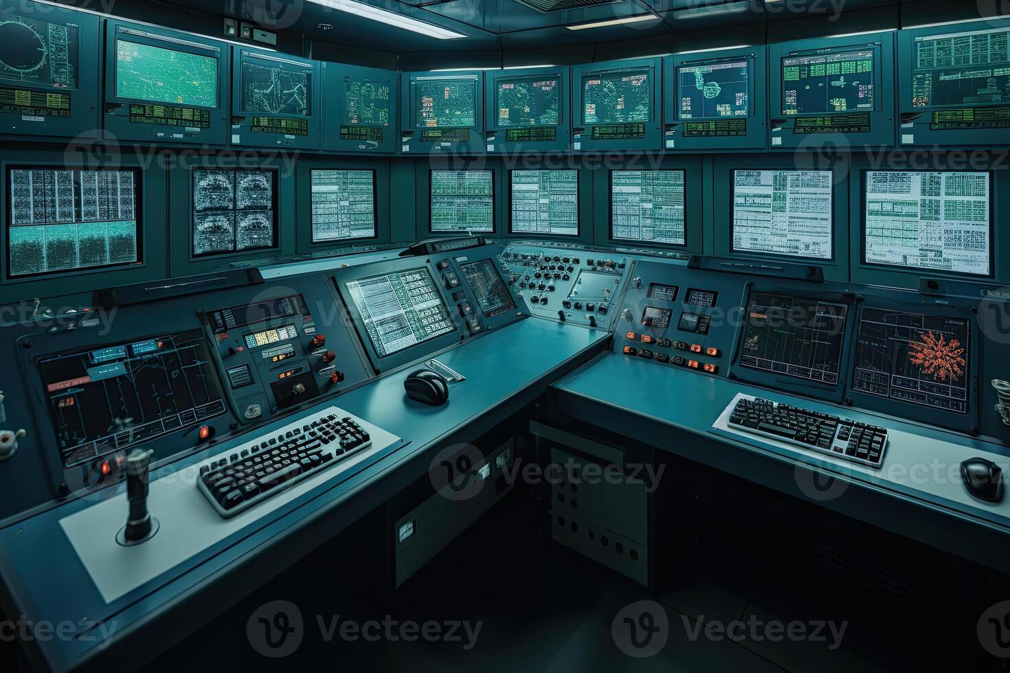 Central control panel. Operator workplace with a lot of screens and buttons for monitoring technology process at production line. Created with photo