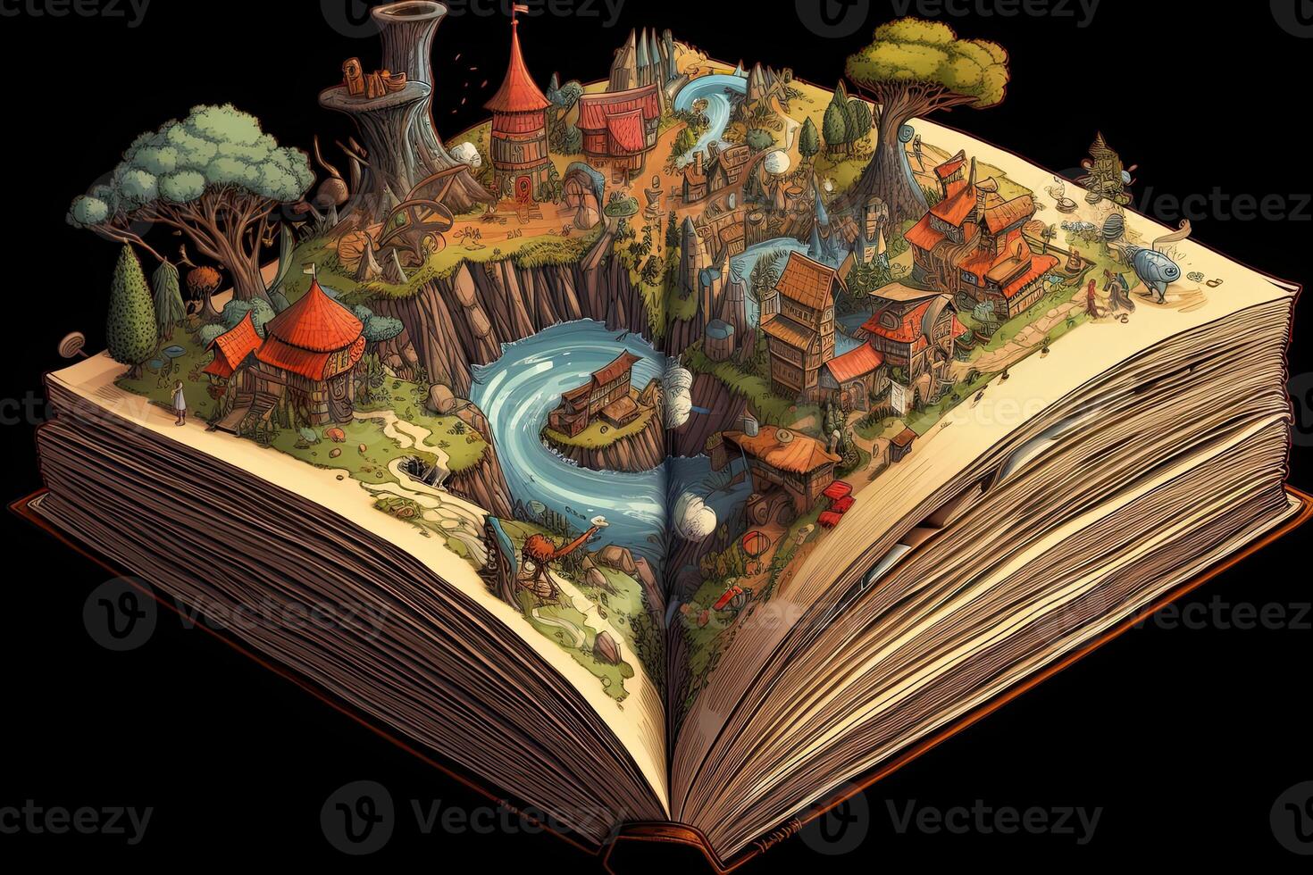 Open magical book with fantasy landscape over pages. Created with photo