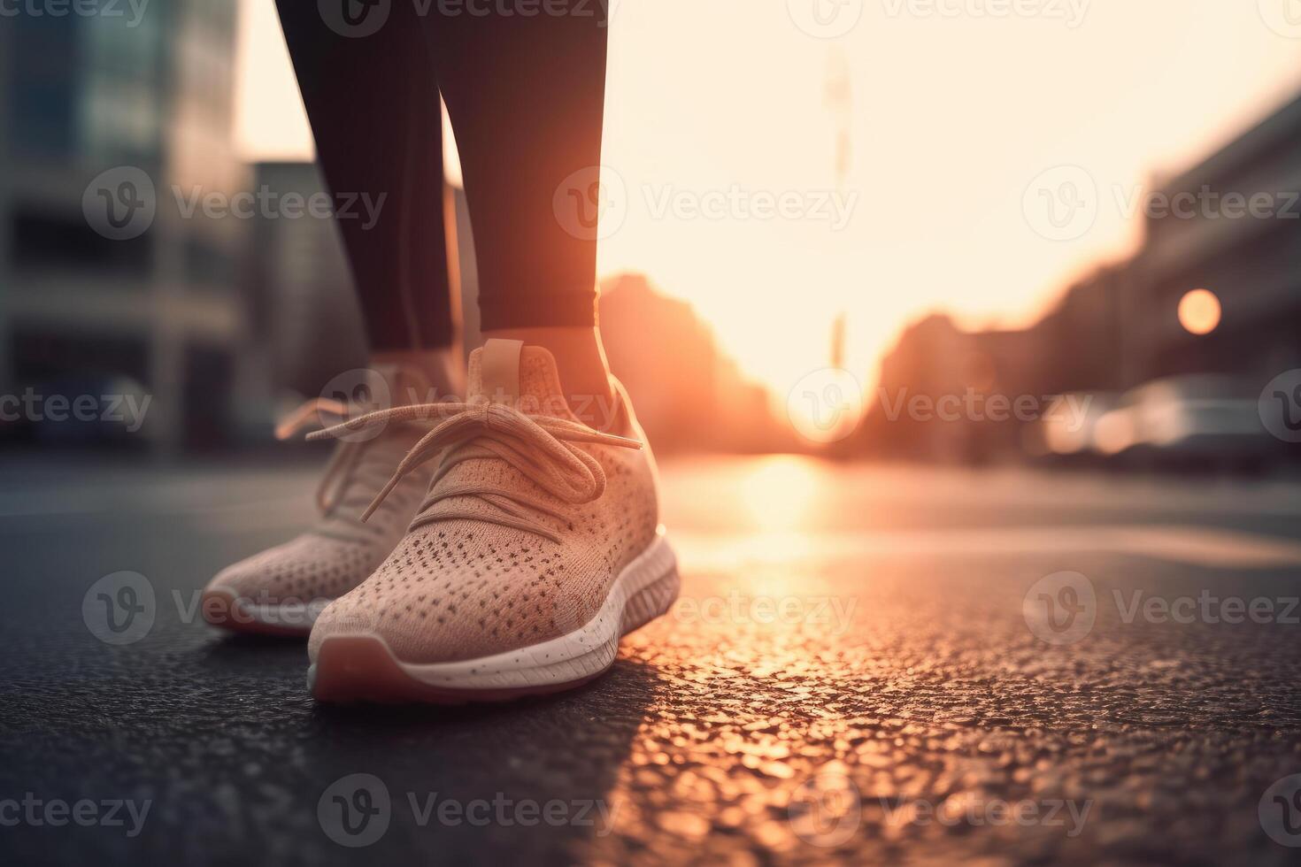 A Girl runner makes a morning run in a city street. Sneaker shoes closeup. Jogging, running, wellness, fitness, health concept.Defocussed and blurred background photo