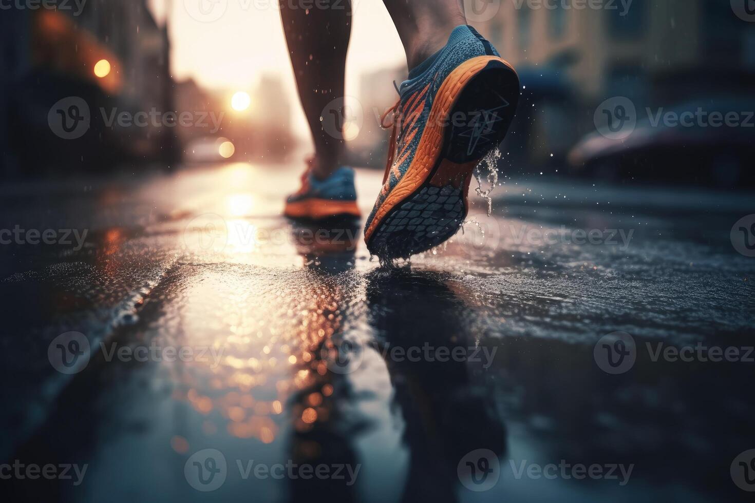 A Girl runner makes a morning run in a city street. Sneaker shoes closeup. Jogging, running, wellness, fitness, health concept.Defocussed and blurred background photo