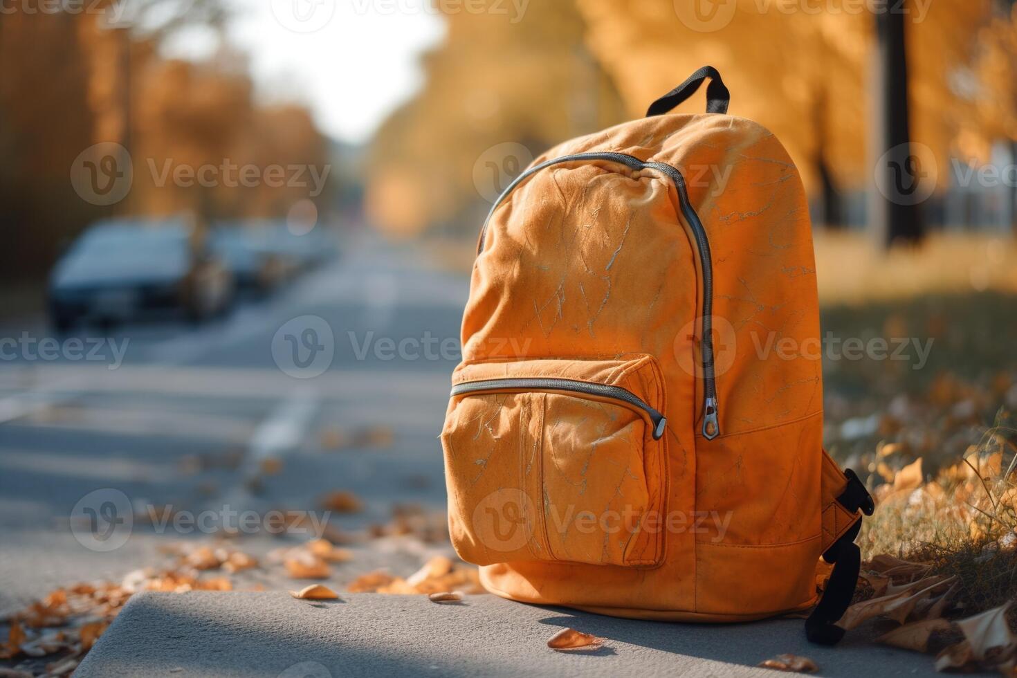 Orange backpack left on a road in a city. . photo