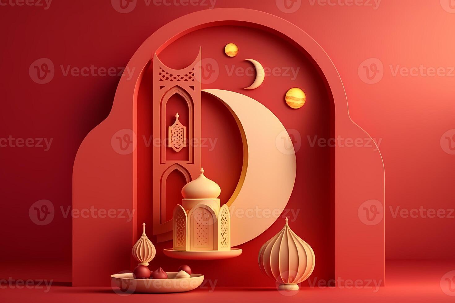 A 3D art of a mosque with a moon and stars on the magenta Color background. photo