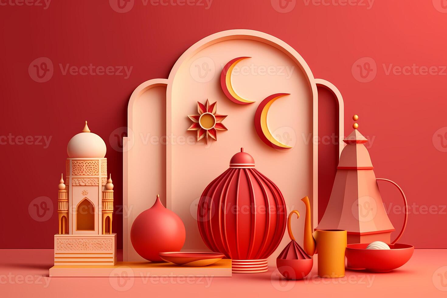 A 3D art of a mosque with a moon and stars on the magenta Color background. photo