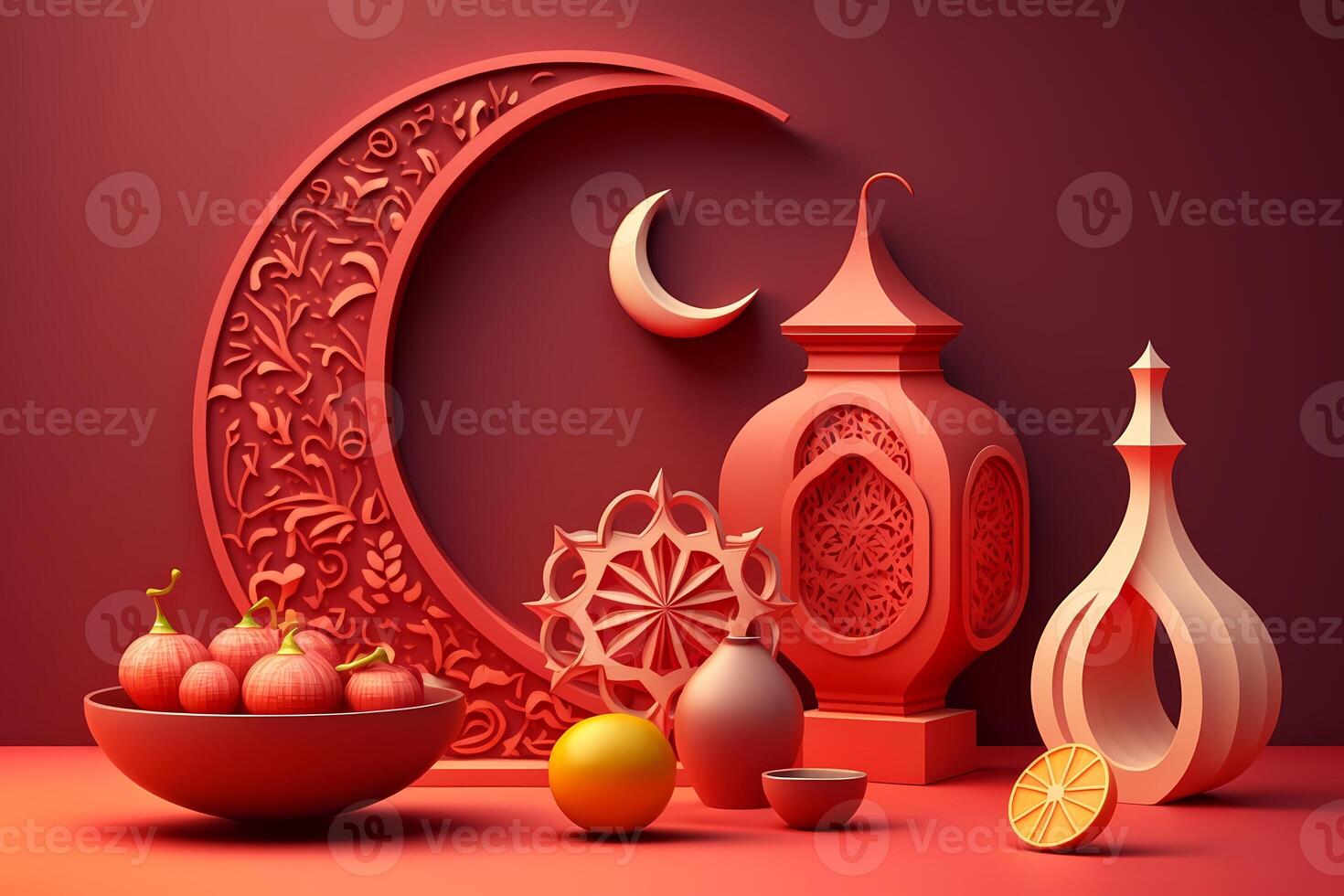 A 3D art of a mosque with a moon and stars on the magenta Color background. photo