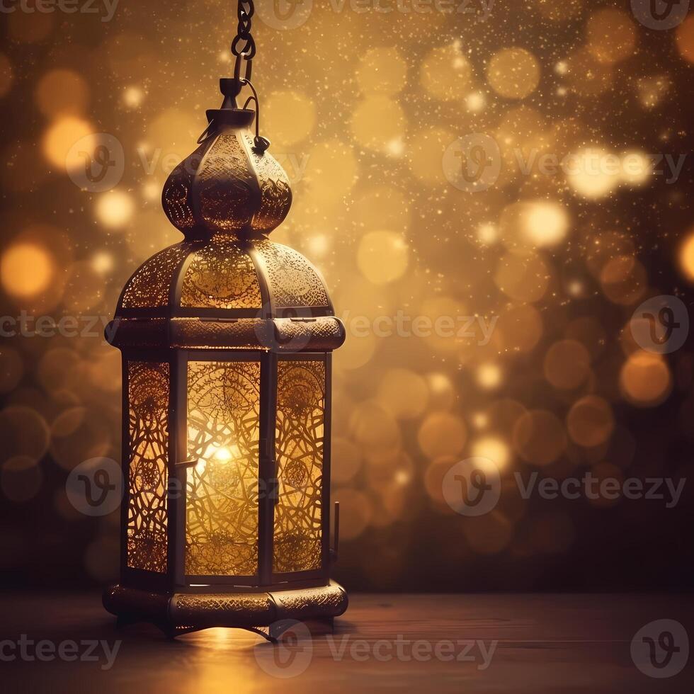 Ramadan kareem Islamic greetings design background with beautiful Night light bokeh effect. photo