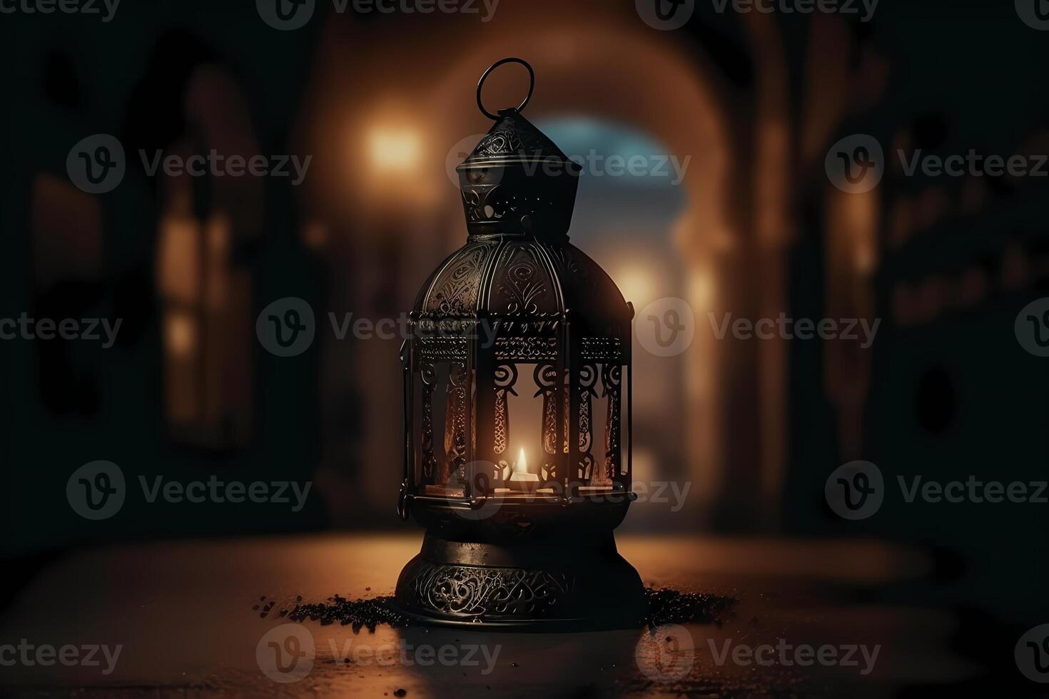 Ramadan kareem Islamic greetings design background with beautiful Night light bokeh effect. photo