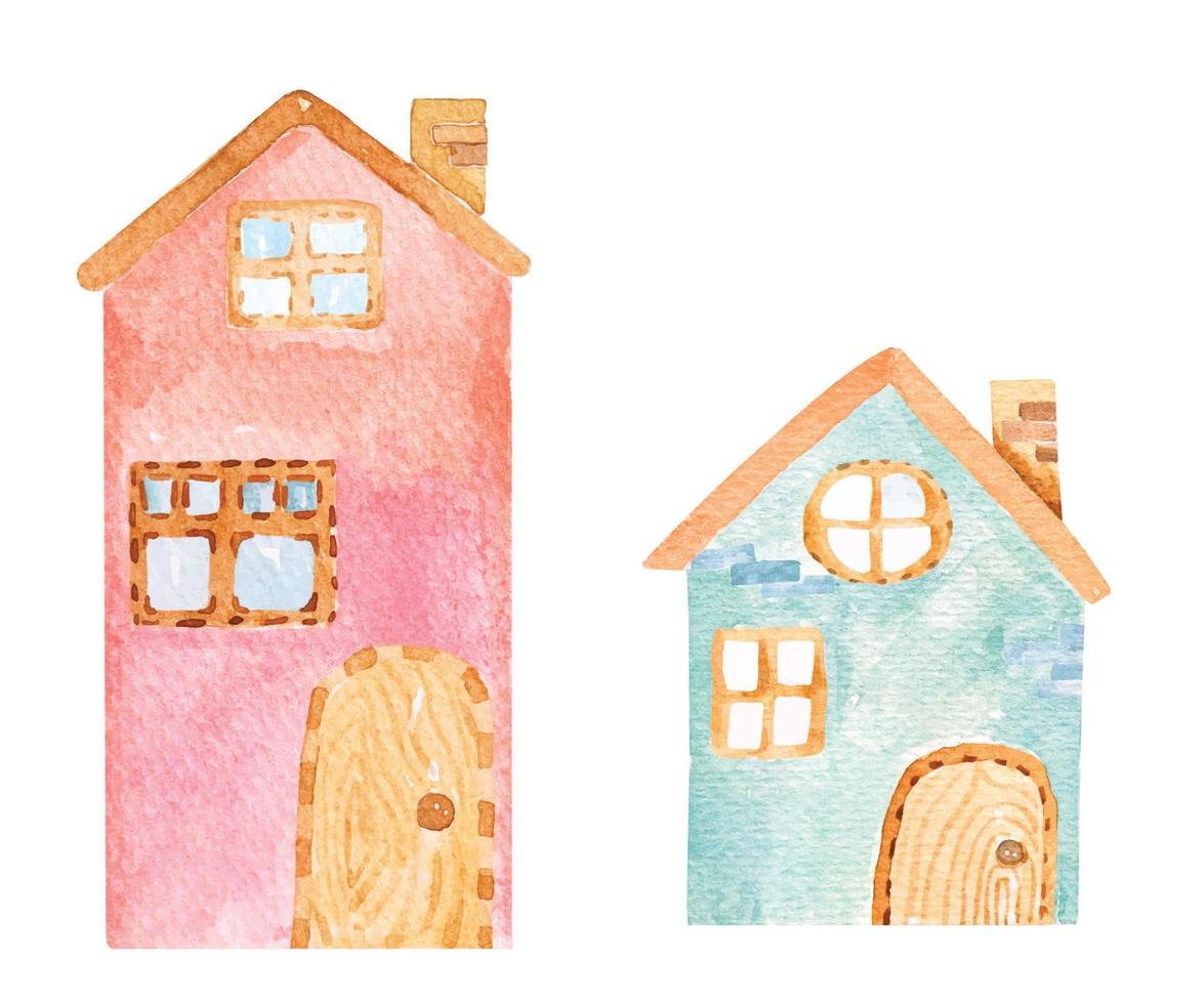 Cute house illustration painted in watercolor with spring and summer bright retro houses different in a cartoon style.suitable for children. vector