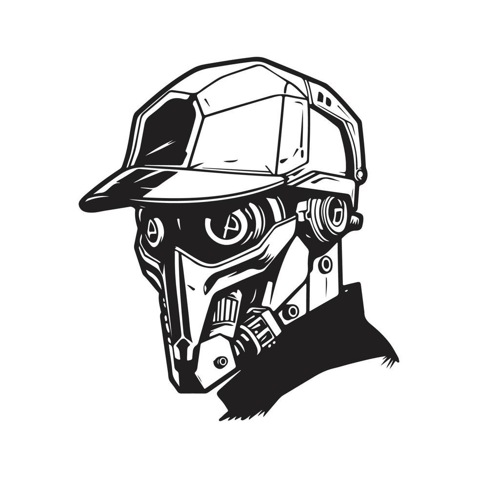 cyberpunk hat, logo concept black and white color, hand drawn illustration vector