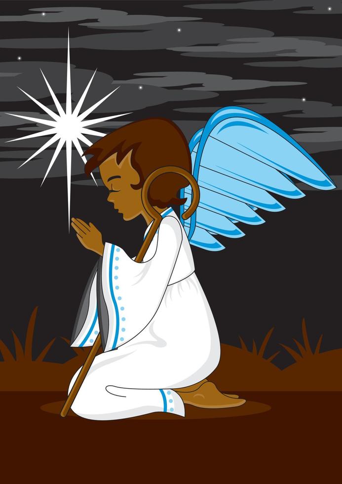 Cute Cartoon Kneeling Angel with Wings and Shepherds Crook vector