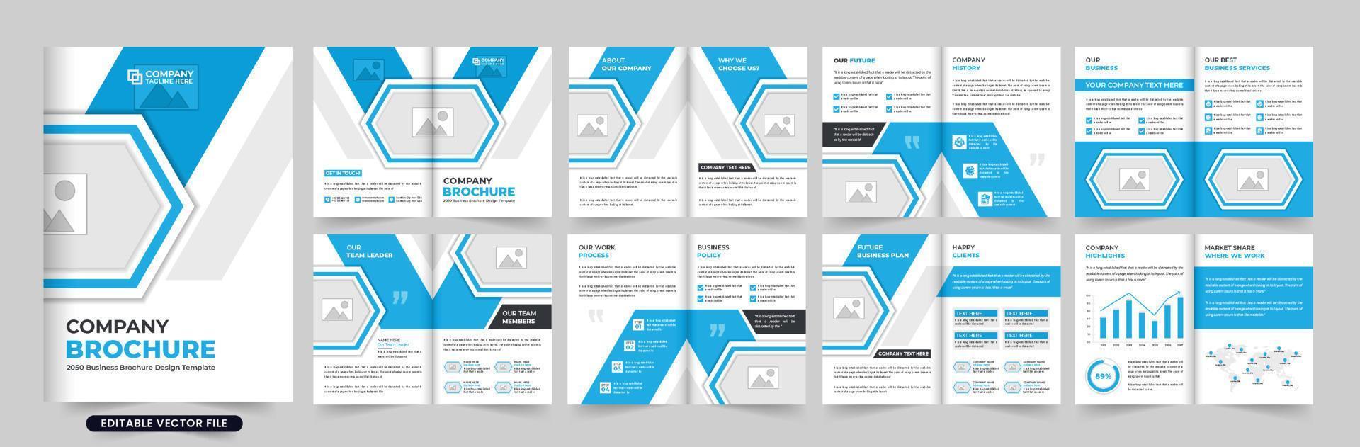 Corporate business portfolio and profile brochure template vector with photo placeholders. Minimal business magazine and presentation layout design. Company Proposal booklet with blue and dark colors.