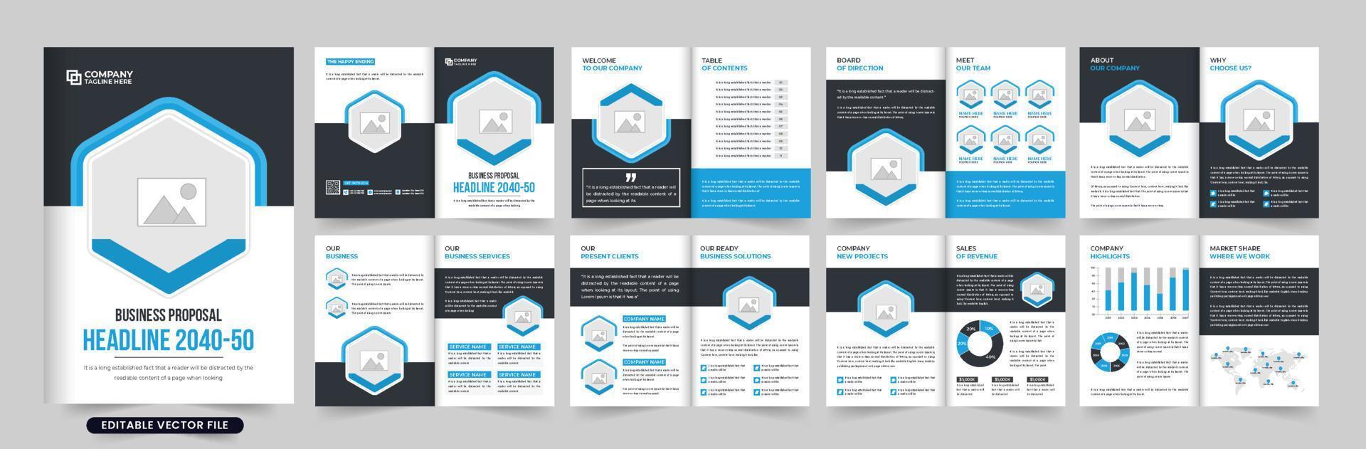 Modern business proposal magazine template vector with dark and blue colors. Company portfolio and highlights booklet design with photo placeholders. Corporate profile stationery layout vector.