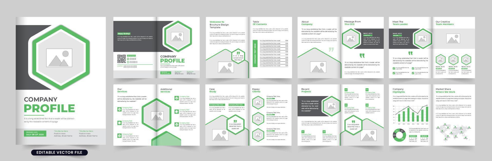 Modern company portfolio template vector with geometric shapes. Business proposal magazine template design with green and dark colors. Corporate business profile booklet and presentation layout vector