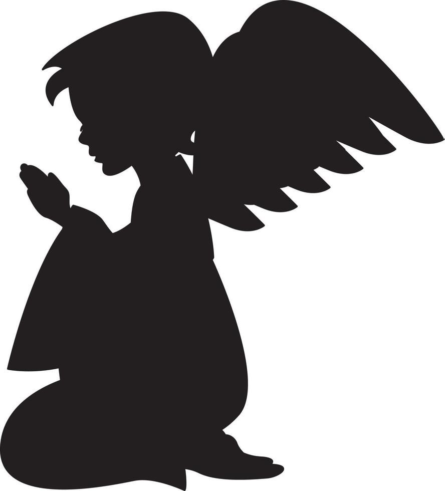 Cartoon Kneeling Angel with Wings in Silhouette vector