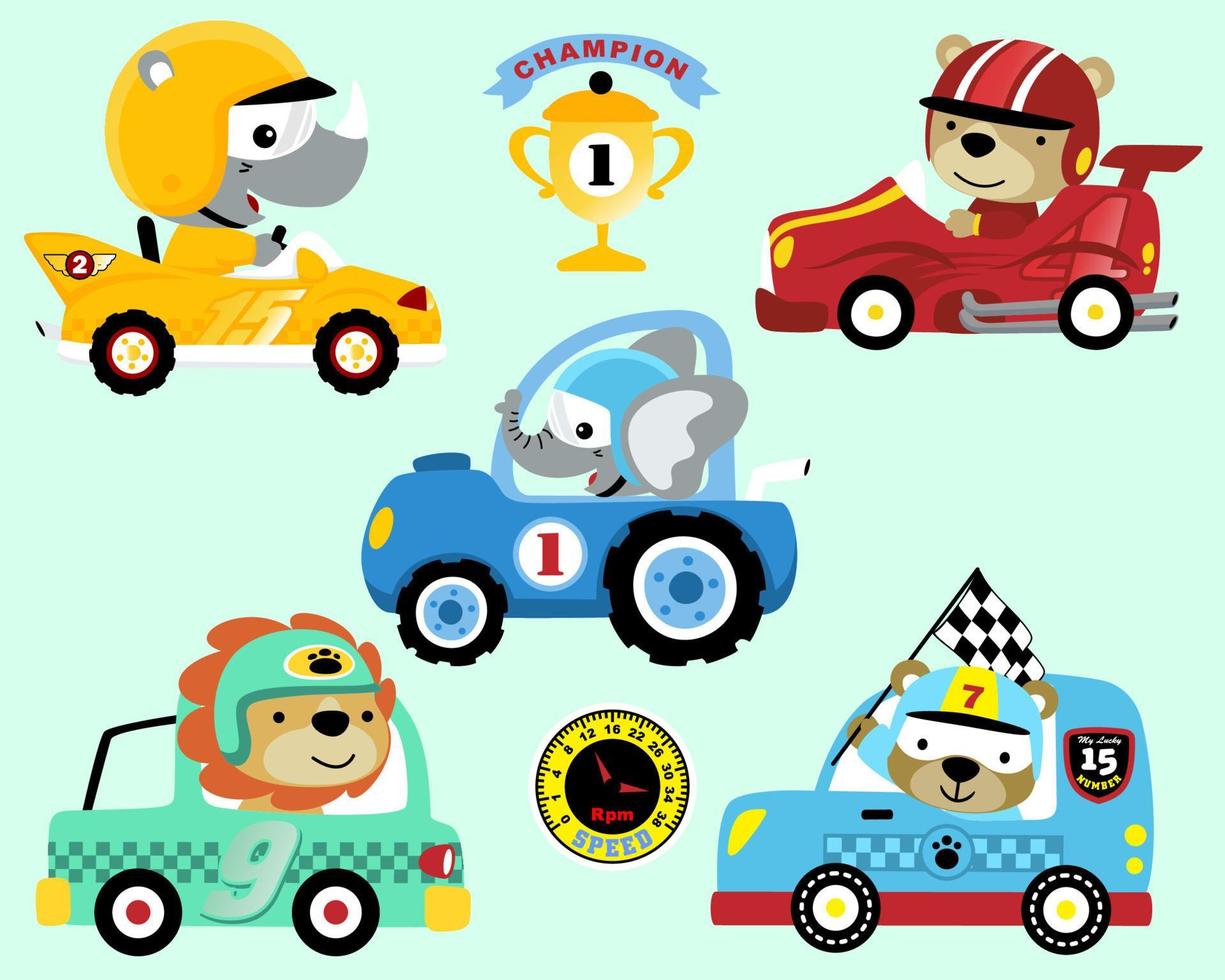 Vector set of racing car cartoon with funny animals racer