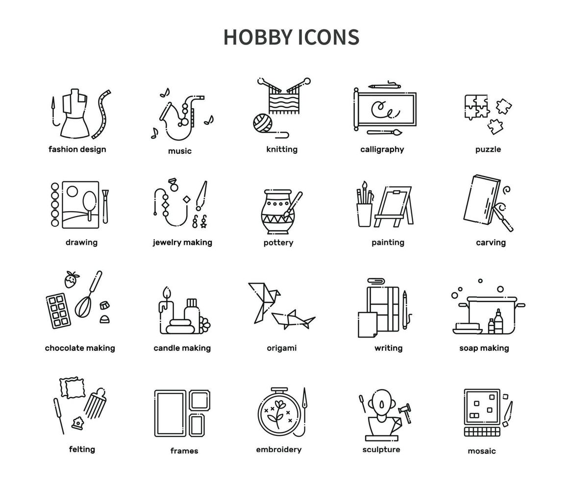 A set of hobby icons confectioner, wool, knitting, soap making, jewelry. Vector line illustration