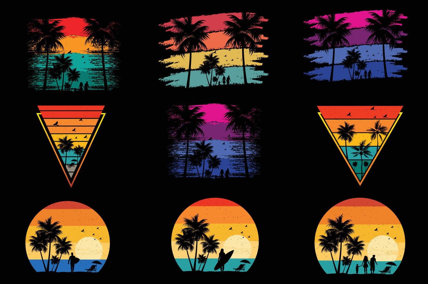 conjunto de retro verano t camisa diseño vector, Clásico puesta de sol colección vector