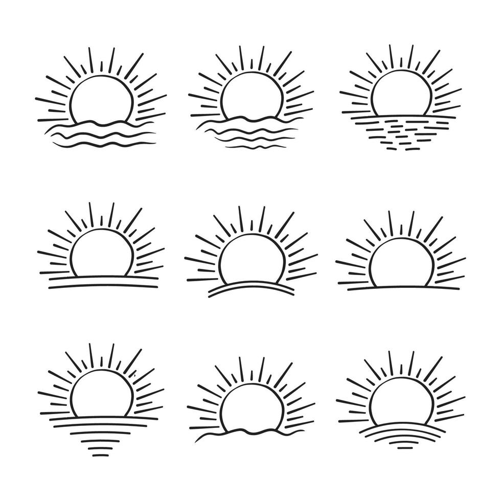 set of hand drawn Rising sunset sunrise sun icon, summer Sunrise Sunset sunshine sun logo Symbol icon sea ocean sun Line Art vector illustration sunlight Design, black and white background