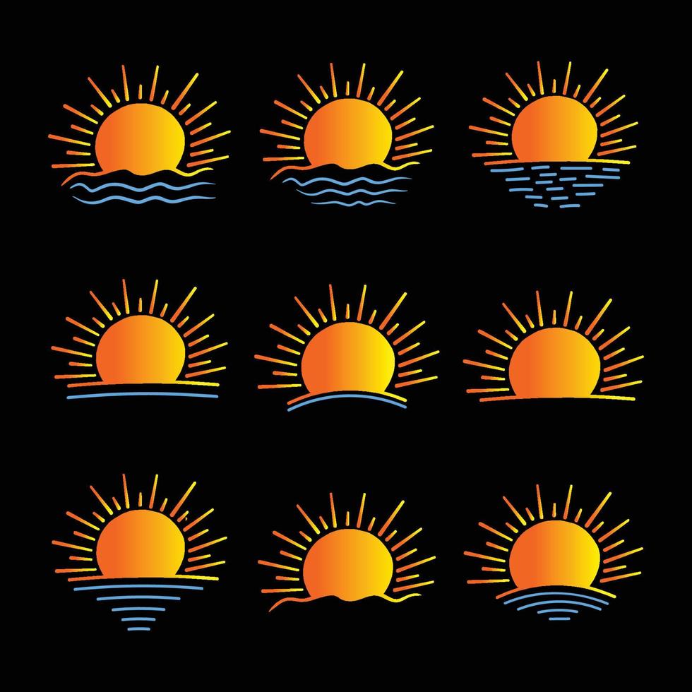 set of hand drawn Rising sunset sunrise sun icon, summer Sunrise Sunset sunshine sun logo Symbol icon sea ocean sun Line Art vector illustration sunlight Design, black and white background